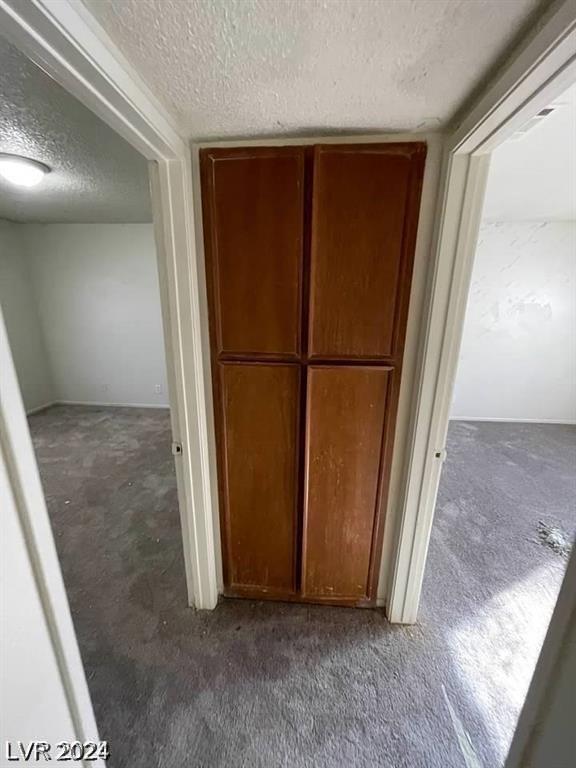 hallway featuring carpet and a textured ceiling