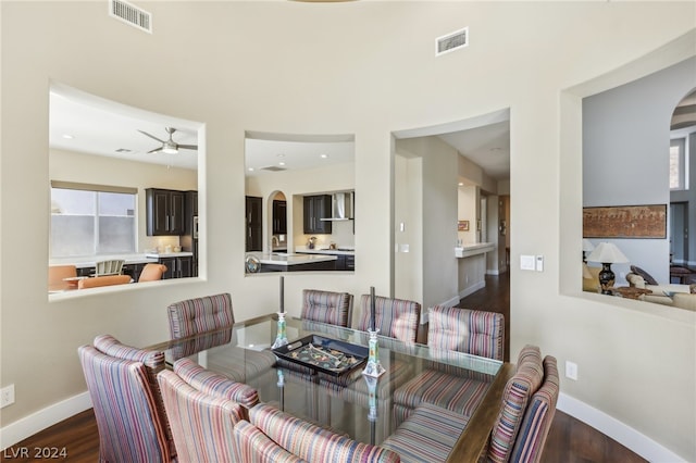 dining area featuring a wealth of natural light, ceiling fan, and dark hardwood / wood-style flooring