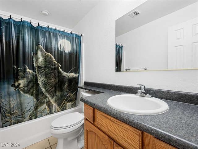 full bathroom with toilet, vanity, tile patterned flooring, and shower / tub combo with curtain