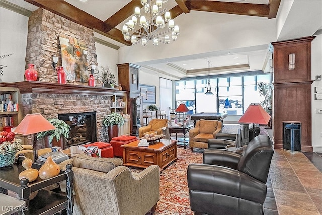 living room featuring beam ceiling, a fireplace, tile patterned flooring, and a chandelier