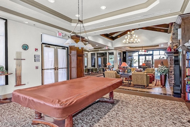 recreation room featuring pool table, beam ceiling, french doors, and a raised ceiling