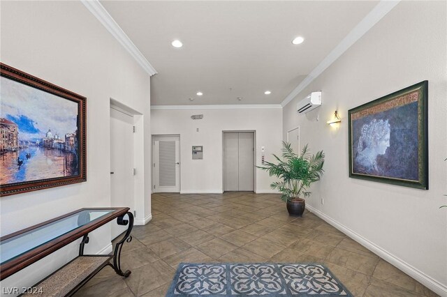 corridor featuring an AC wall unit, tile patterned floors, crown molding, and elevator