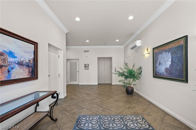 hallway featuring crown molding, elevator, and a wall unit AC