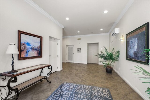 hallway with tile patterned floors, a wall unit AC, elevator, and ornamental molding