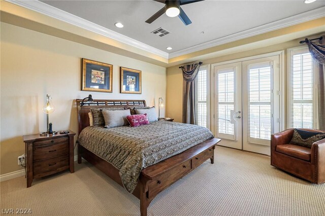 carpeted bedroom featuring access to outside, french doors, ceiling fan, and ornamental molding