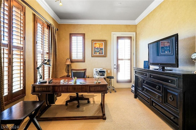 carpeted home office featuring crown molding