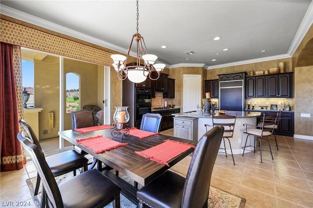 tiled dining room with ornamental molding