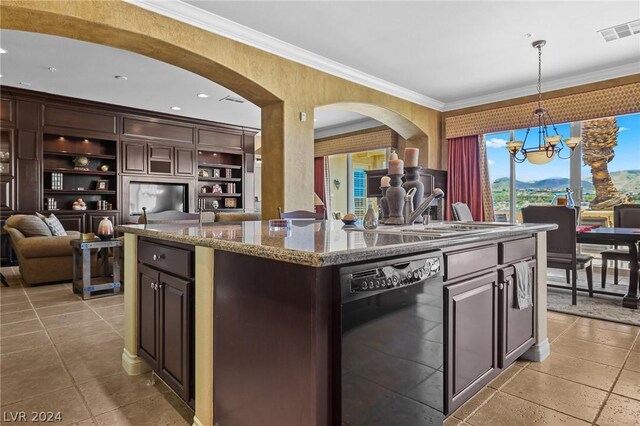 kitchen featuring hanging light fixtures, dark brown cabinets, dishwasher, and a chandelier