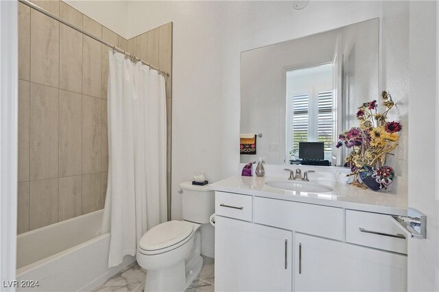 full bathroom featuring vanity, shower / tub combo, and toilet