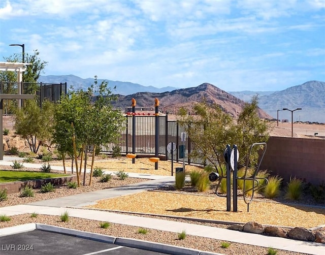 view of community with a mountain view