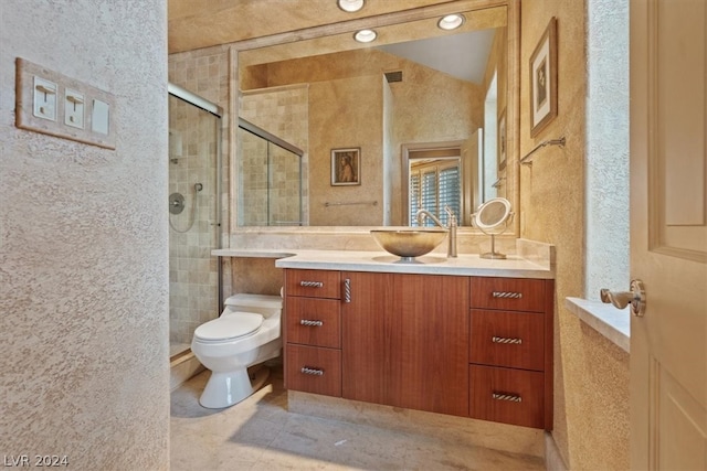 bathroom featuring vanity, toilet, an enclosed shower, and lofted ceiling