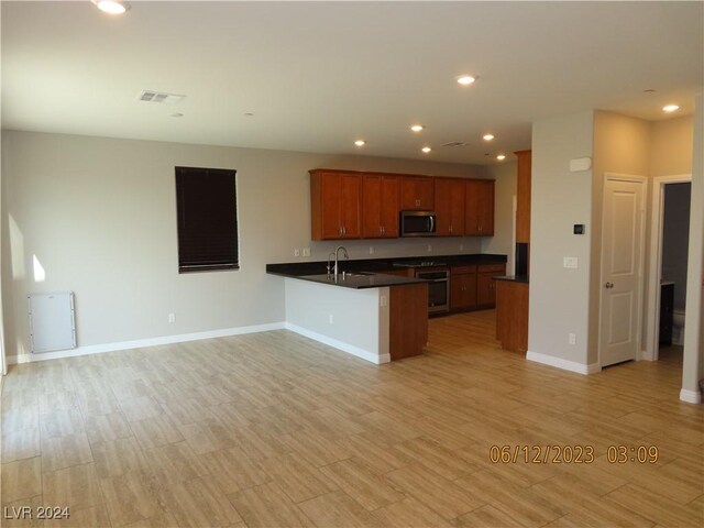 kitchen with sink, kitchen peninsula, light hardwood / wood-style flooring, and stainless steel appliances