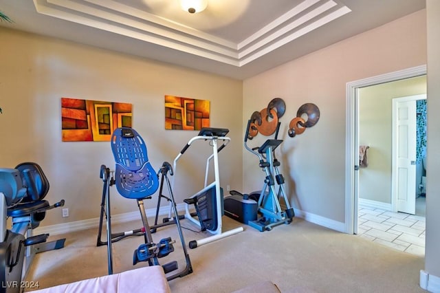 workout area featuring light carpet, a skylight, and a raised ceiling