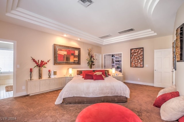 carpeted bedroom with a tray ceiling