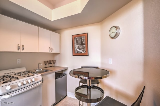 kitchen featuring stainless steel dishwasher, sink, white gas stove, and white cabinets