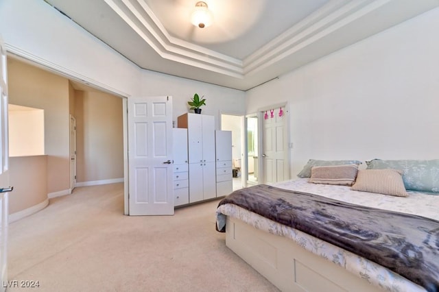 bedroom featuring light carpet and a raised ceiling