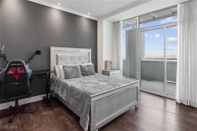 bedroom featuring access to exterior, recessed lighting, dark wood-type flooring, and crown molding