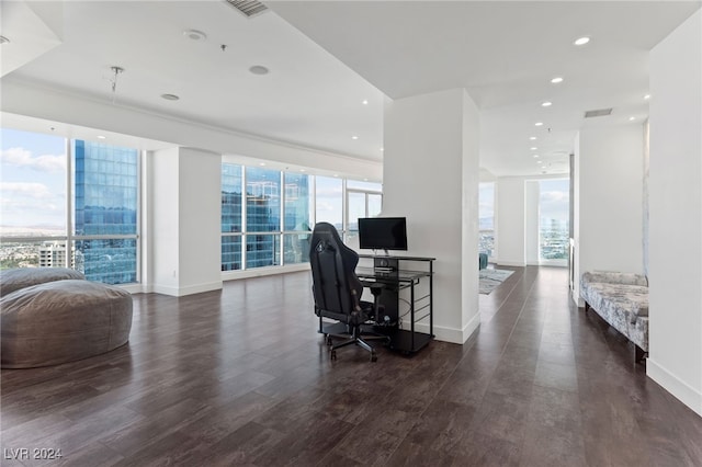 office space with a city view, baseboards, dark wood-style flooring, and a wealth of natural light