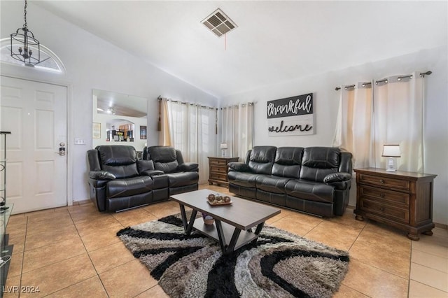 tiled living room with lofted ceiling