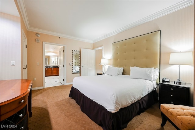 tiled bedroom featuring connected bathroom and ornamental molding