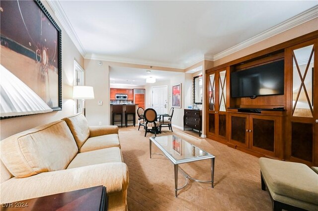 living room with crown molding