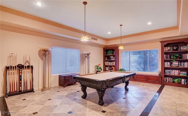 playroom featuring crown molding, billiards, a raised ceiling, and built in shelves