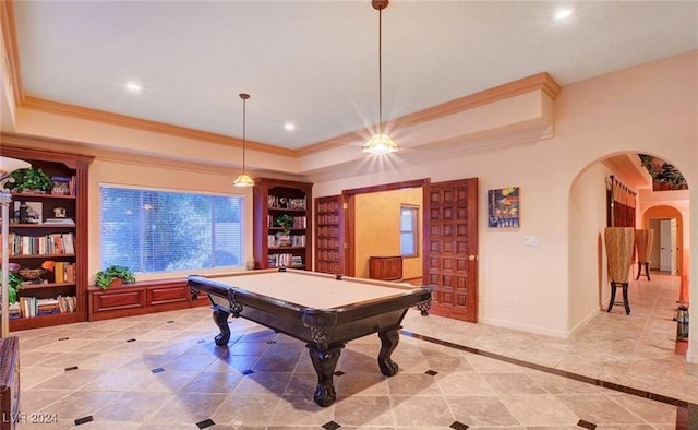 rec room featuring pool table, ornamental molding, and a raised ceiling