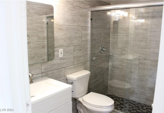 bathroom with a stall shower, toilet, and vanity