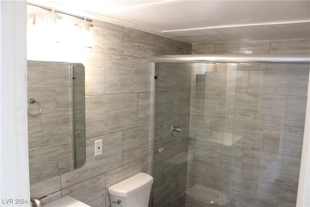 bathroom with a stall shower and toilet