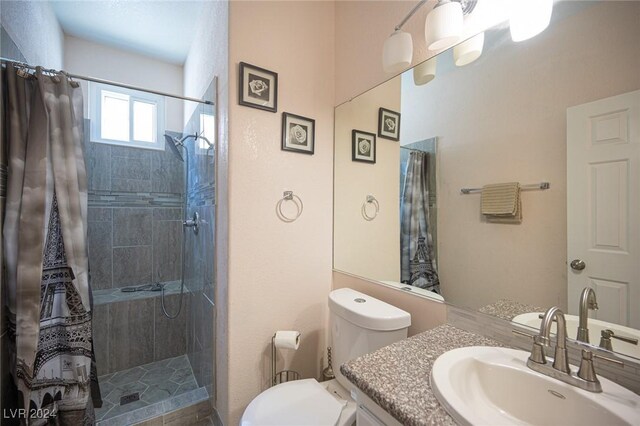 bathroom featuring vanity, toilet, and a shower with shower curtain