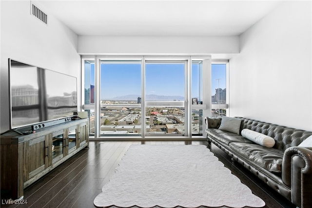 living room featuring dark wood-type flooring and a mountain view