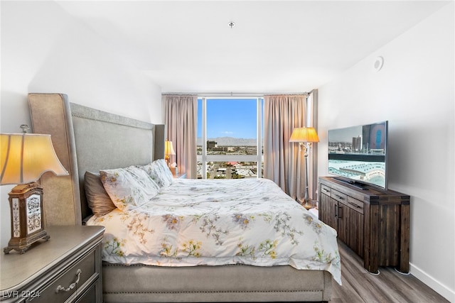 bedroom with light hardwood / wood-style floors and expansive windows