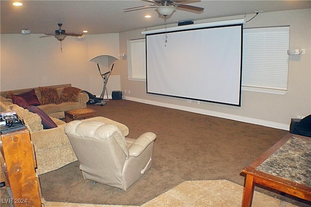 cinema with carpet, baseboards, recessed lighting, and ceiling fan