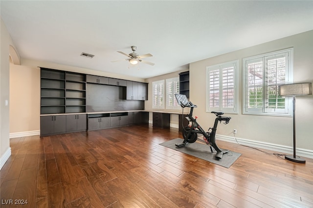 exercise area with hardwood / wood-style flooring, ceiling fan, and a wealth of natural light