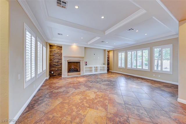 unfurnished living room with tile patterned flooring, beam ceiling, and coffered ceiling