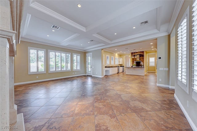 unfurnished living room with beamed ceiling, coffered ceiling, and light tile patterned floors