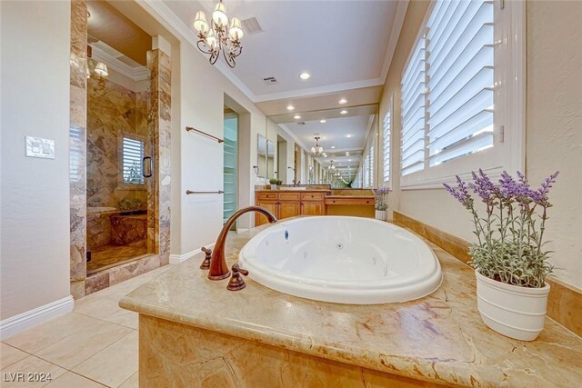 bathroom featuring a notable chandelier, shower with separate bathtub, vanity, tile patterned floors, and ornamental molding