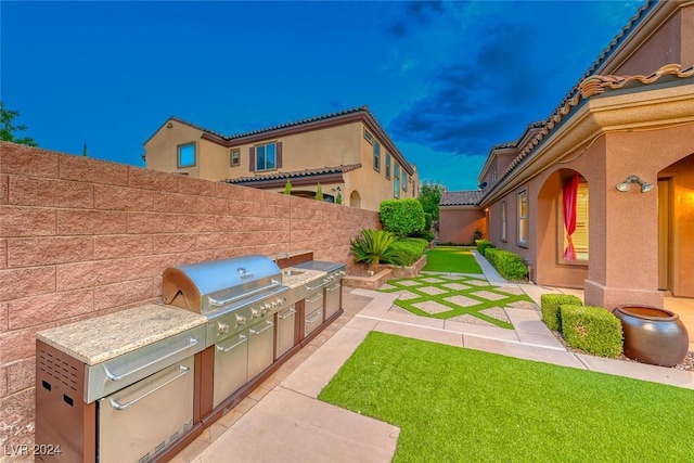 view of yard with a patio area, fence, and an outdoor kitchen