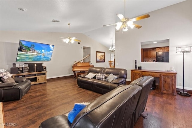 living room with baseboards, visible vents, lofted ceiling, ceiling fan, and dark wood-style flooring