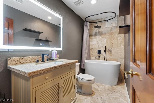 full bath with visible vents, a freestanding bath, a shower with shower curtain, toilet, and vanity