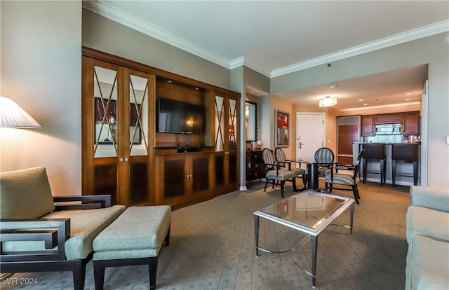 living room with ornamental molding