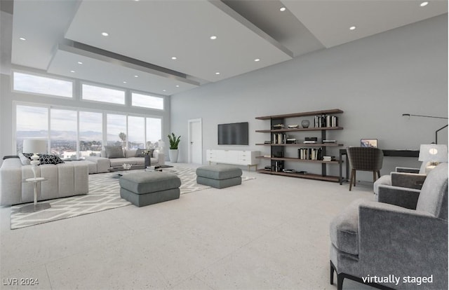 living room featuring a high ceiling