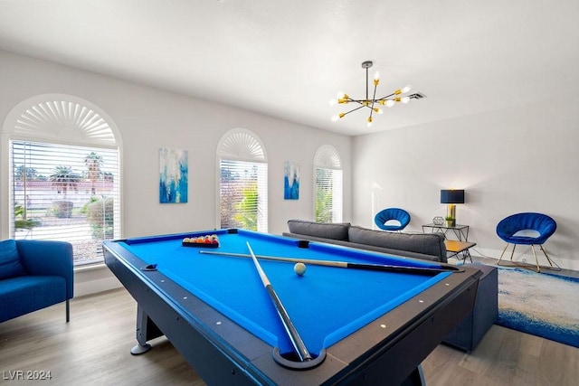 playroom featuring an inviting chandelier, visible vents, wood finished floors, and pool table