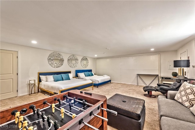 living room featuring carpet floors, baseboards, and recessed lighting