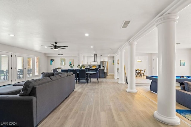 living area with recessed lighting, billiards, visible vents, light wood-type flooring, and ornate columns