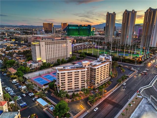 view of aerial view at dusk