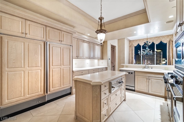 kitchen with hanging light fixtures, dishwasher, a center island, crown molding, and light brown cabinets