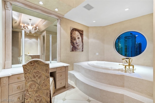 bathroom featuring vanity, separate shower and tub, tile patterned flooring, ornamental molding, and a chandelier