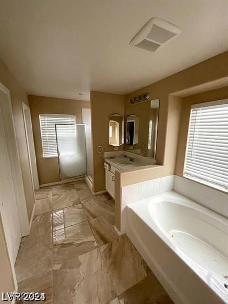 full bathroom with visible vents, vanity, marble finish floor, a shower stall, and a bath