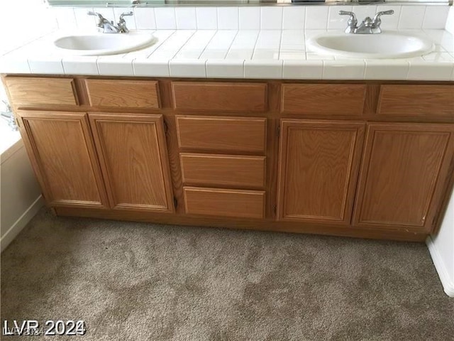 bathroom featuring double vanity, carpet floors, and a sink